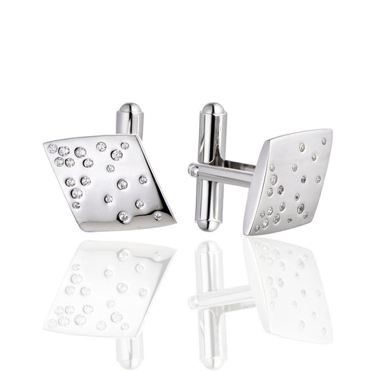 Sterling Silver Sprinkled Rhombus CZ Cufflinks - HK Jewels