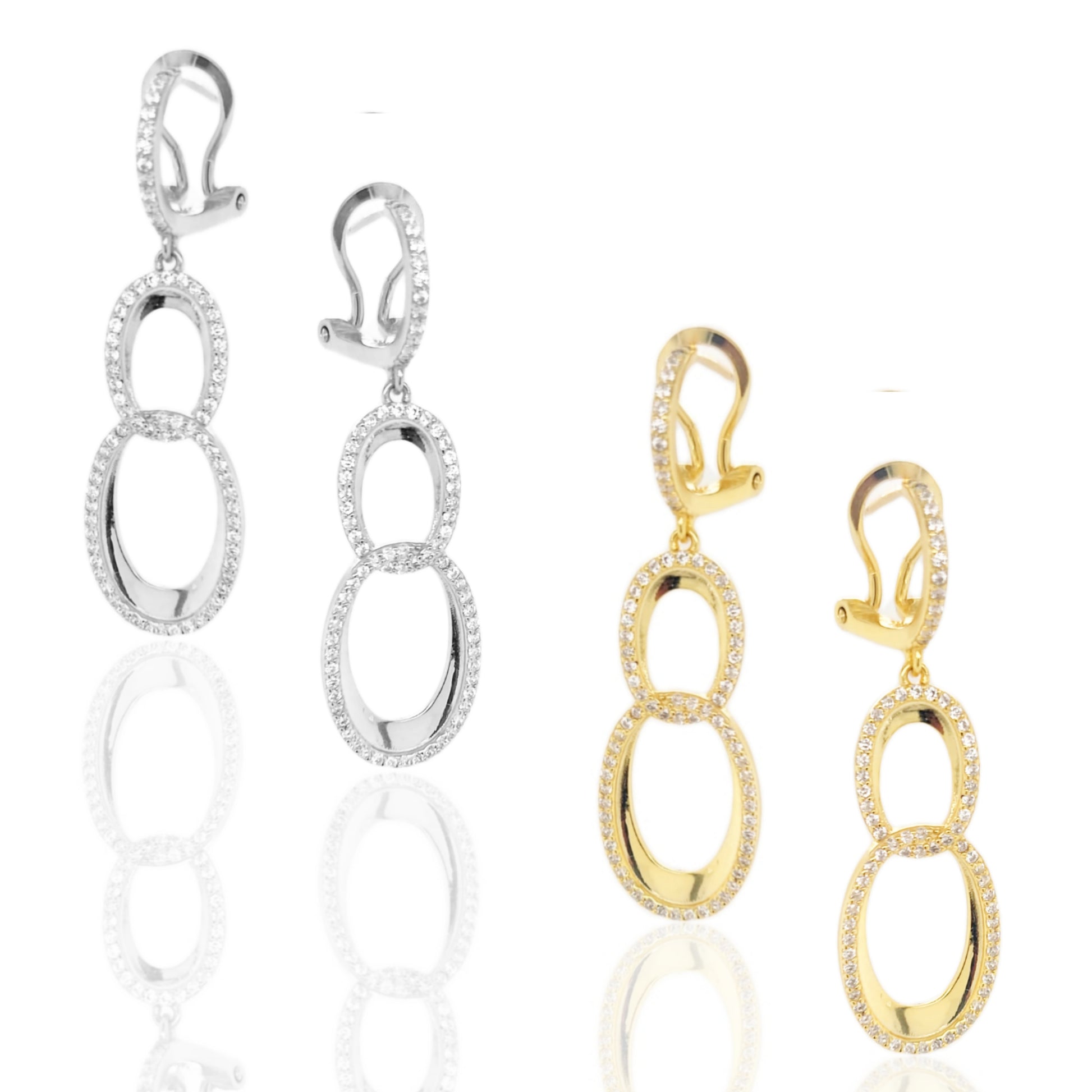 Sterling Silver Double Oval Micropave Link Earrings - HK Jewels