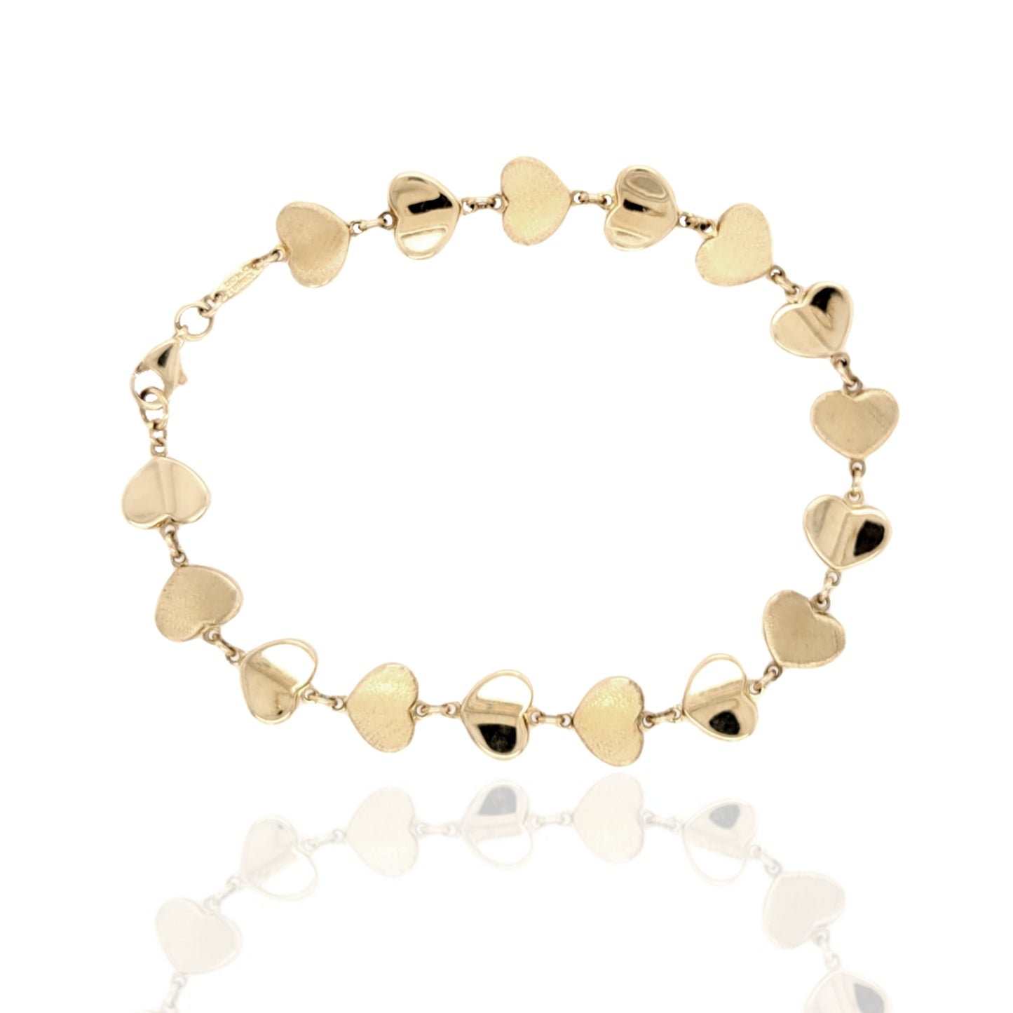 14K Yellow Gold Alternating Shiny and Matte Heart Link Bracelet - HK Jewels