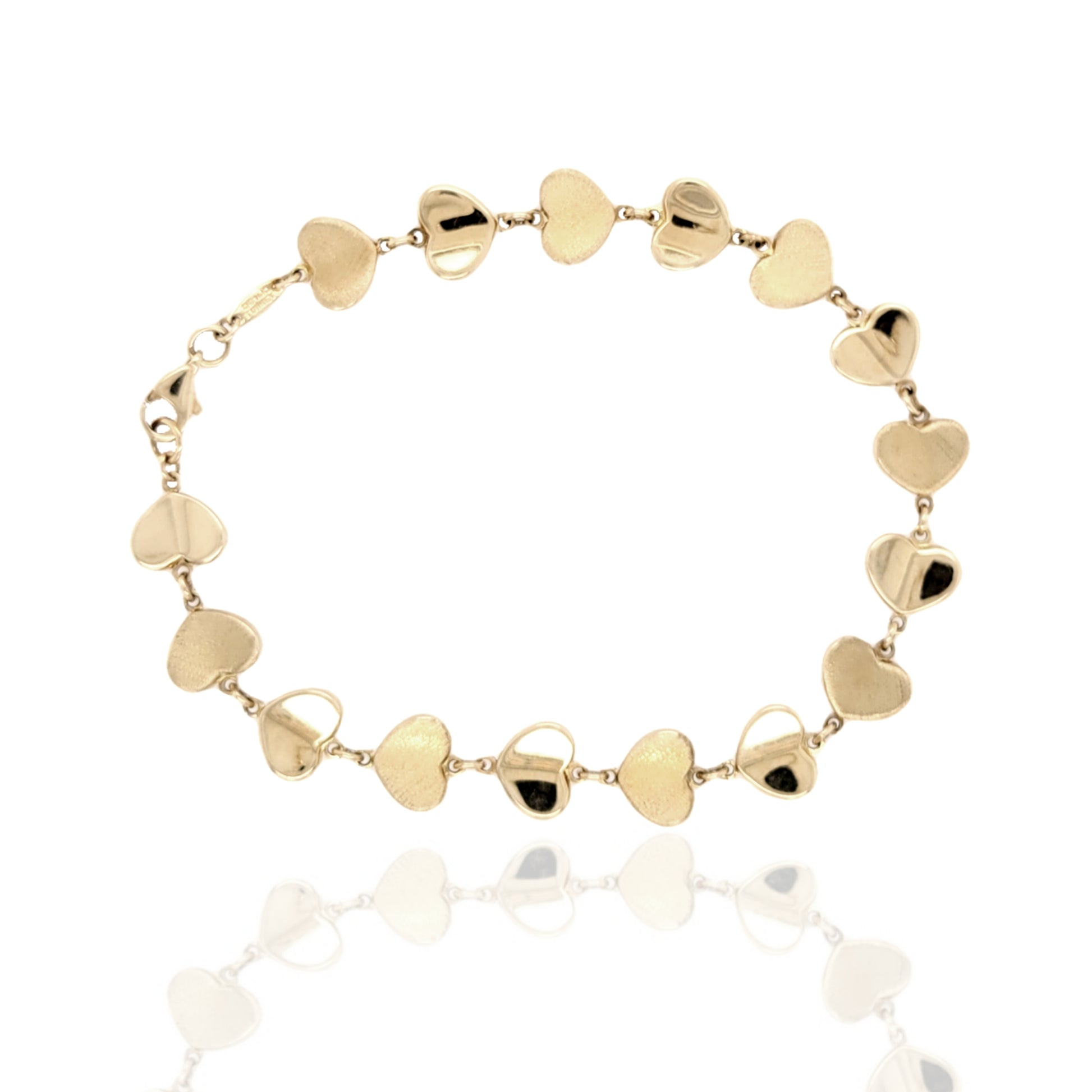 14K Yellow Gold Alternating Shiny and Matte Heart Link Bracelet - HK Jewels
