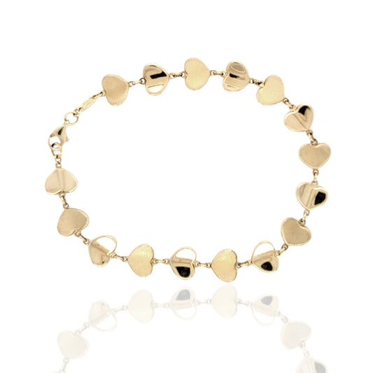 14K Yellow Gold Alternating Shiny and Matte Heart Link Bracelet - HK Jewels