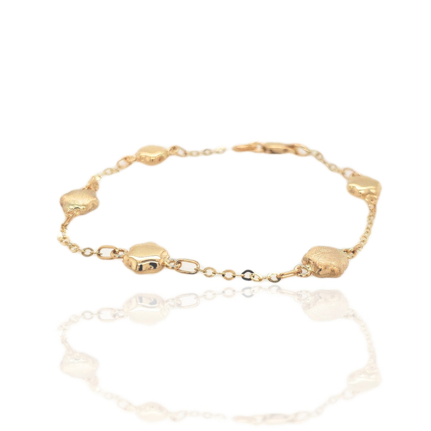 14K Yellow Gold Alternating Shiny and Matte Flower Link Bracelet - HK Jewels