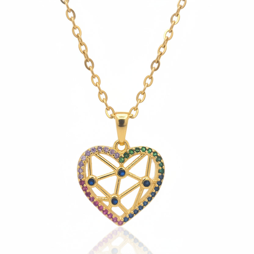 Colorful CZ Webbed Heart Necklace - HK Jewels