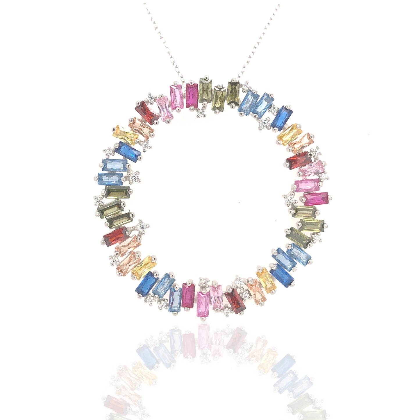 Sterling Silver Multicolor Stone Round Pendant - HK Jewels