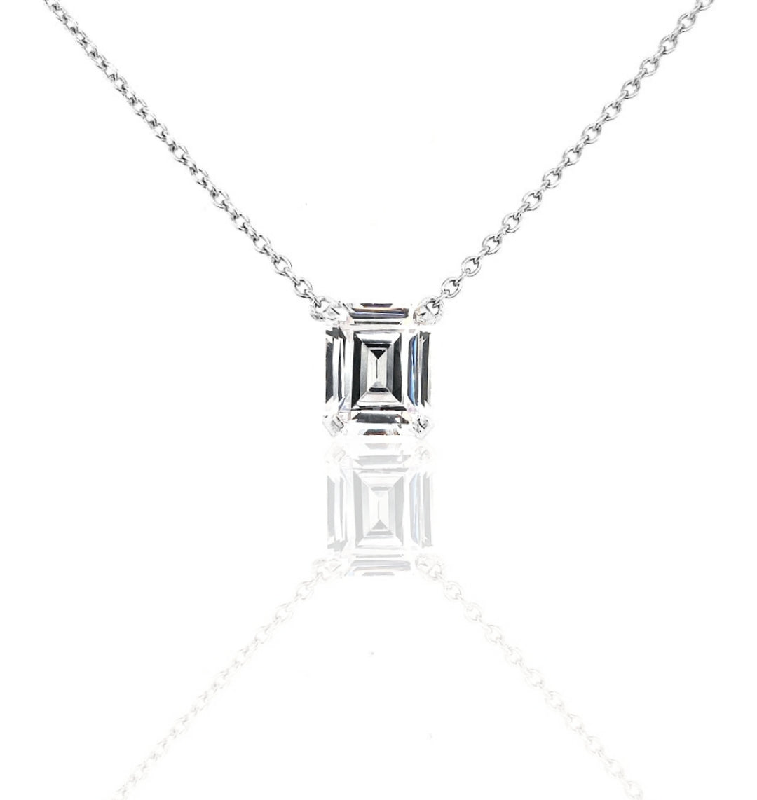 Sterling Silver Emerald Cut CZ Solitaire Necklace - HK Jewels