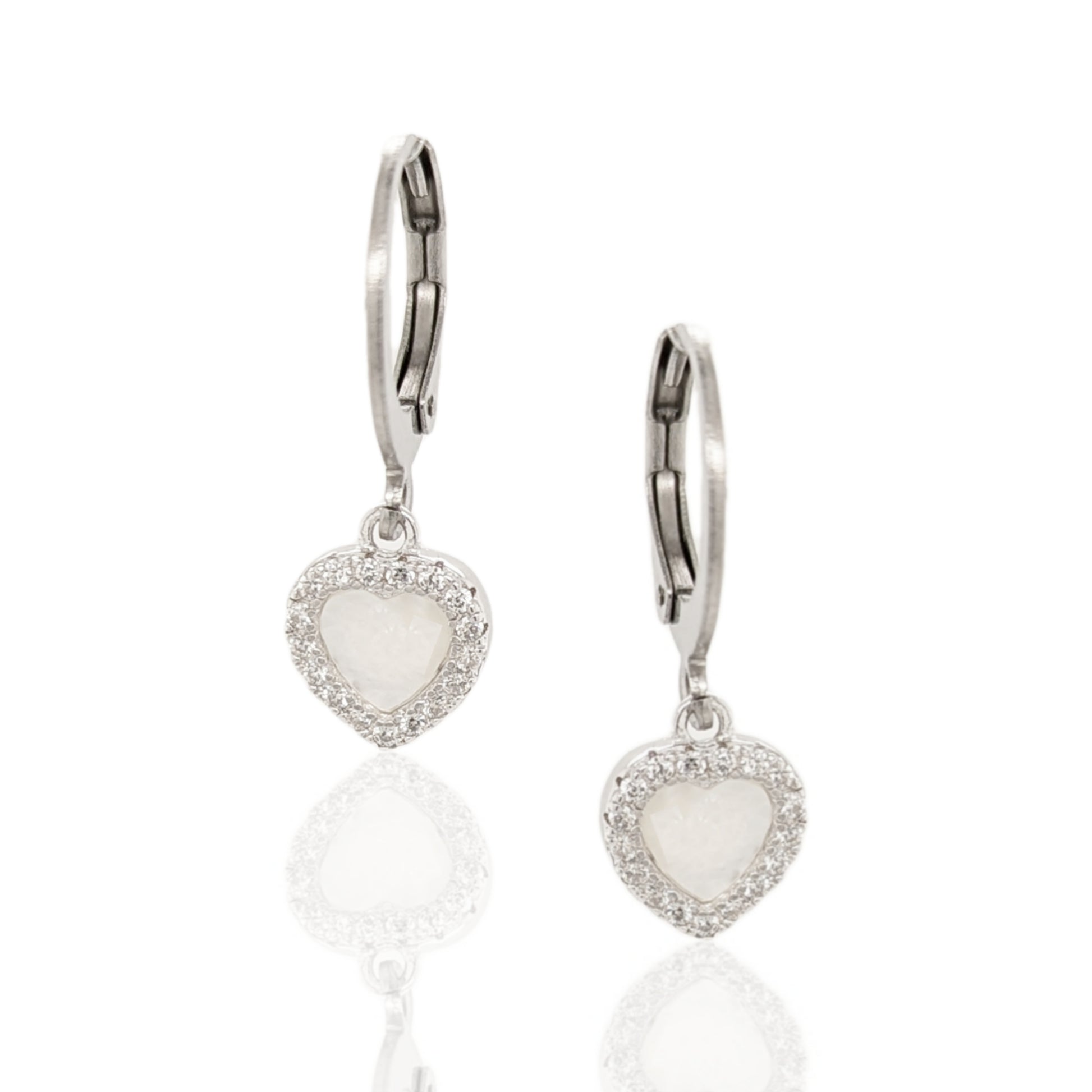 Surgical Steel with Sterling Silver Mother of Pearl Hearts Leverback Earrings - HK Jewels
