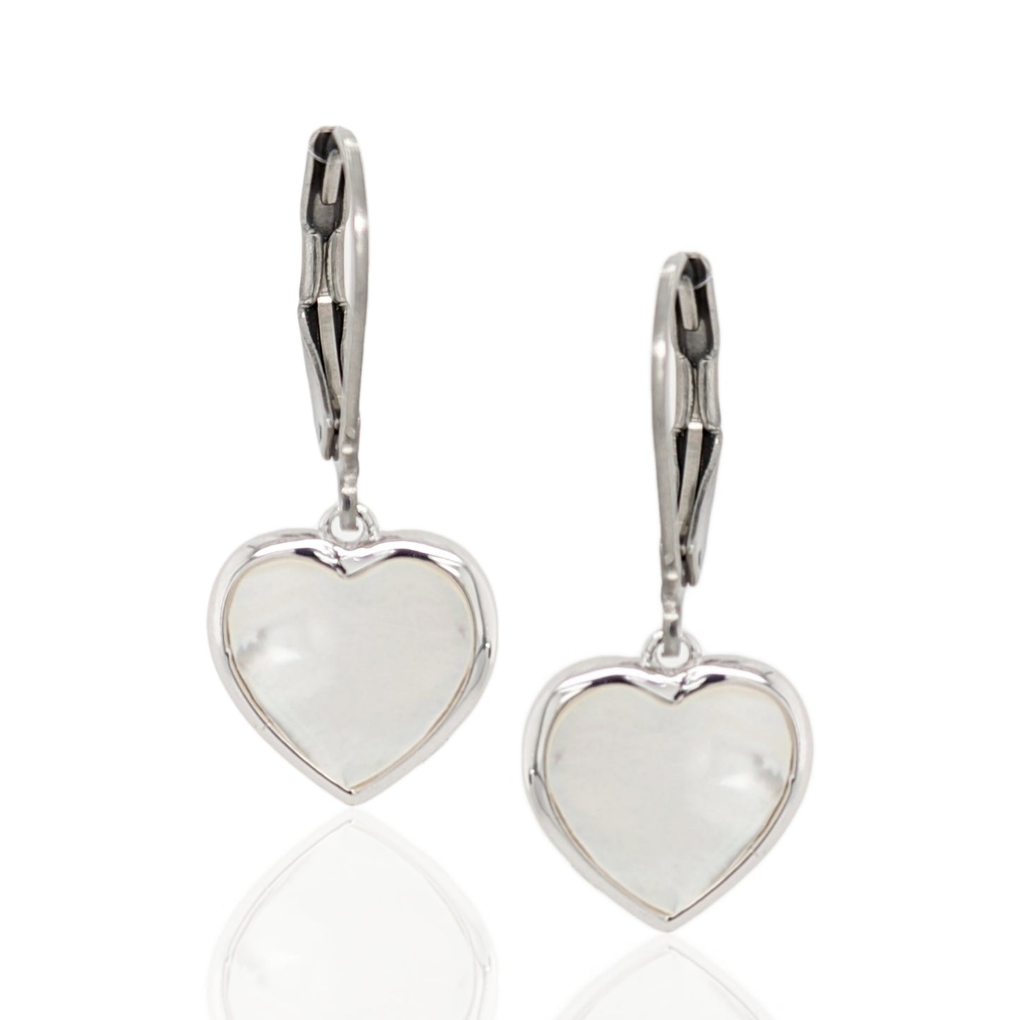 Surgical Steel with Sterling Silver Mother of Pearl Hearts Leverback Earrings - HK Jewels