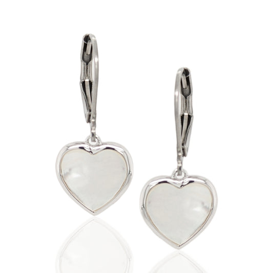 Surgical Steel with Sterling Silver Mother of Pearl Hearts Leverback Earrings - HK Jewels