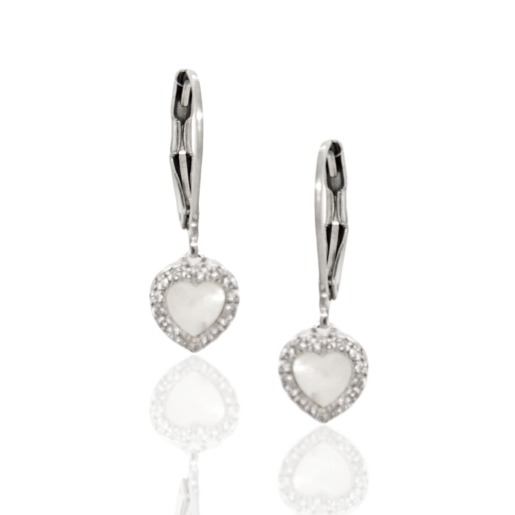 Surgical Steel with Sterling Silver Mother of Pearl Hearts Leverback Earrings - HK Jewels