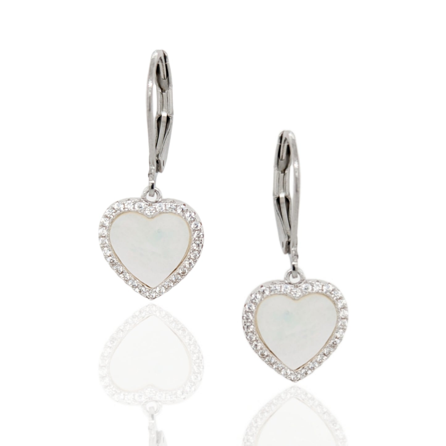 Surgical Steel with Sterling Silver Mother of Pearl Hearts Leverback Earrings - HK Jewels