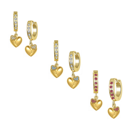 Gold Plated Surgical Steel CZ Puffy and Small CZ Hearts Earrings - HK Jewels