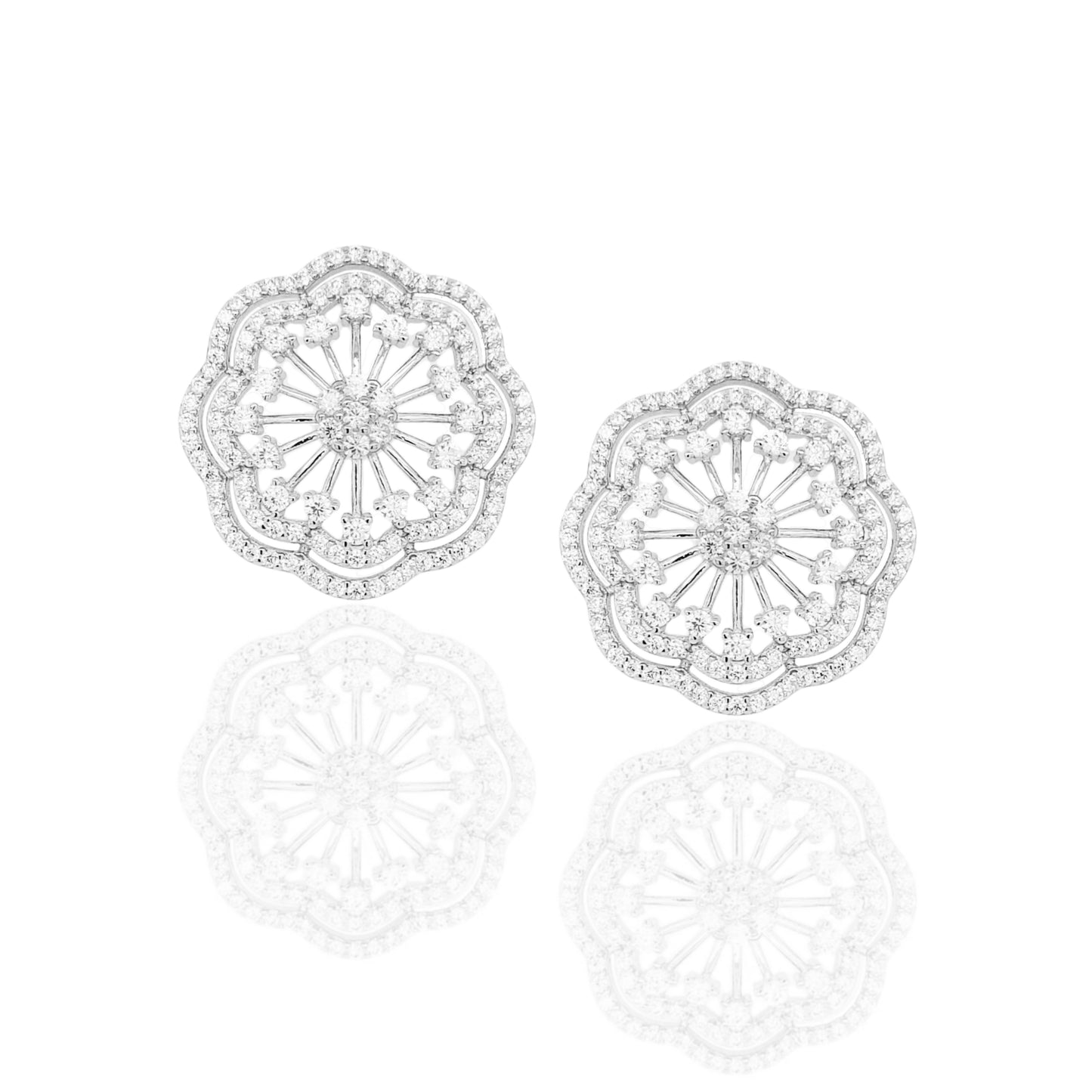 Rhodium or Rose Gold Plated Sterling Silver Micropave CZ Large Flower Stud Earring - HK Jewels