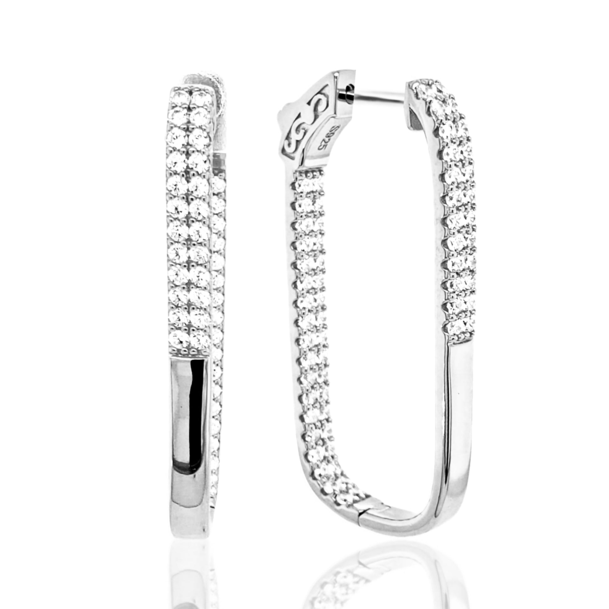 Sterling Silver Double Row CZ Rectangular Hoops - HK Jewels