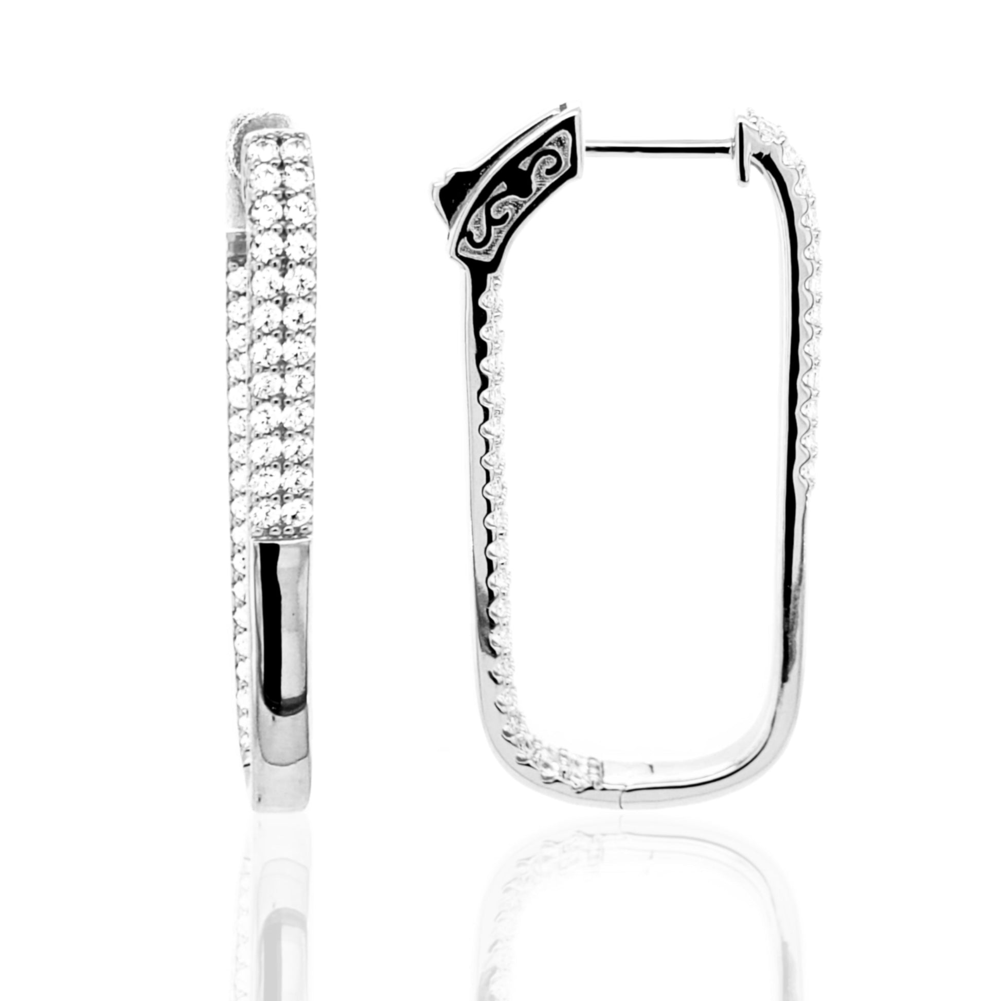 Sterling Silver Double Row CZ Rectangular Hoops - HK Jewels