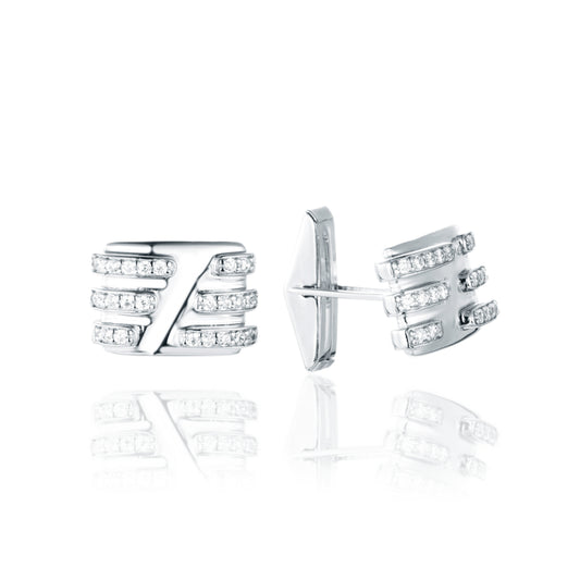 Sterling Silver Oval CZ Semi Stripe Cufflinks - HK Jewels