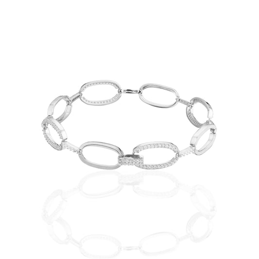Sterling Silver Micropave CZ Oval Link Bracelet - HK Jewels