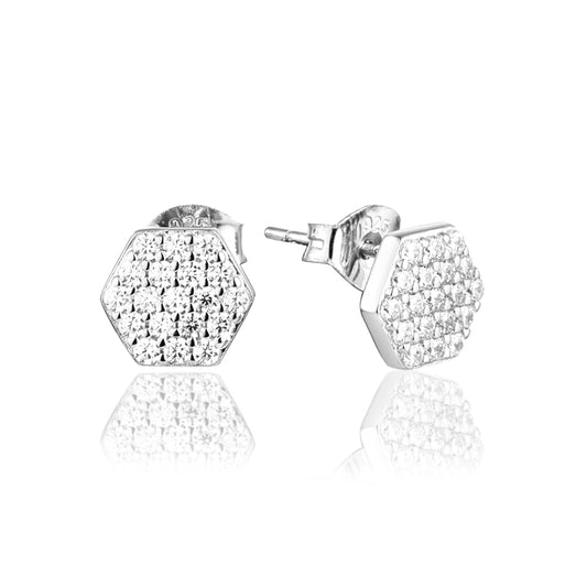 Sterling Silver Micropave Hexagon Stud Earrings - HK Jewels