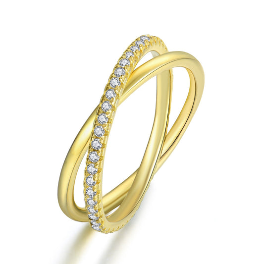 Gold Plated Sterling Silver Micropave Crossover CZ Ring - HK Jewels