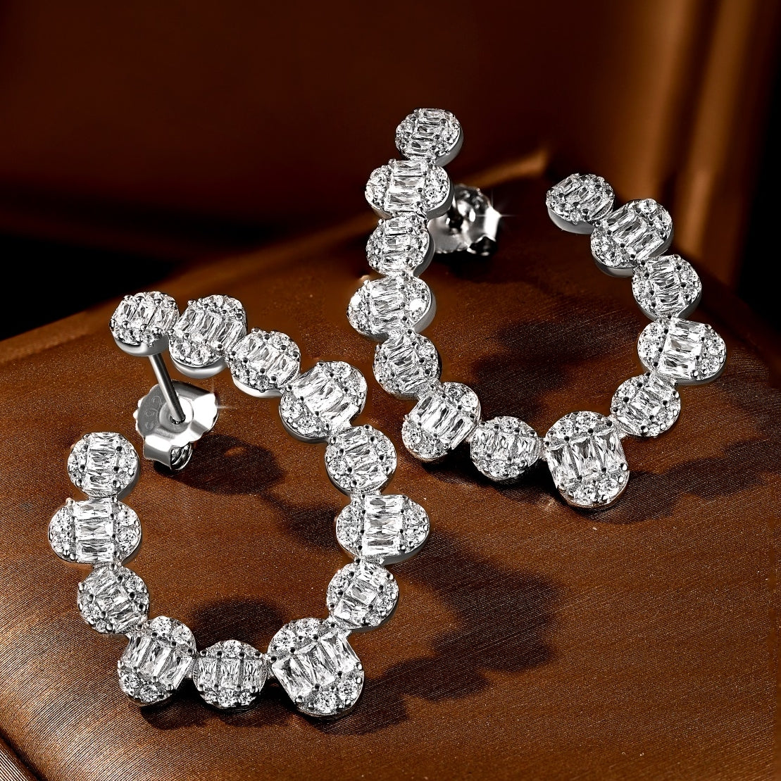 Sterling Silver Teardrop Side Hoop Baguette Earrings - HK Jewels