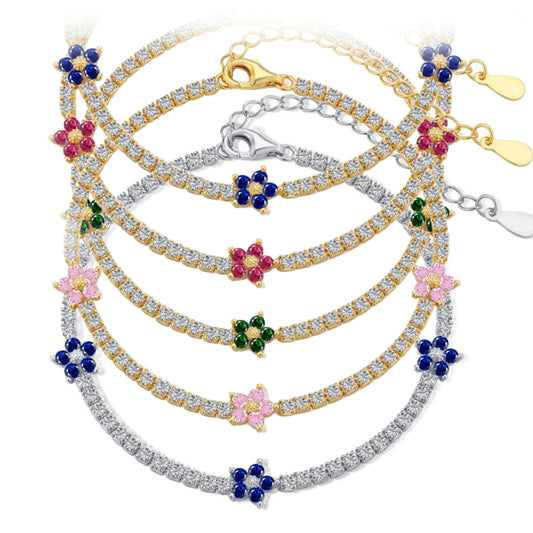 Sterling Silver Colorful Tennis Flower Bracelet - HK Jewels