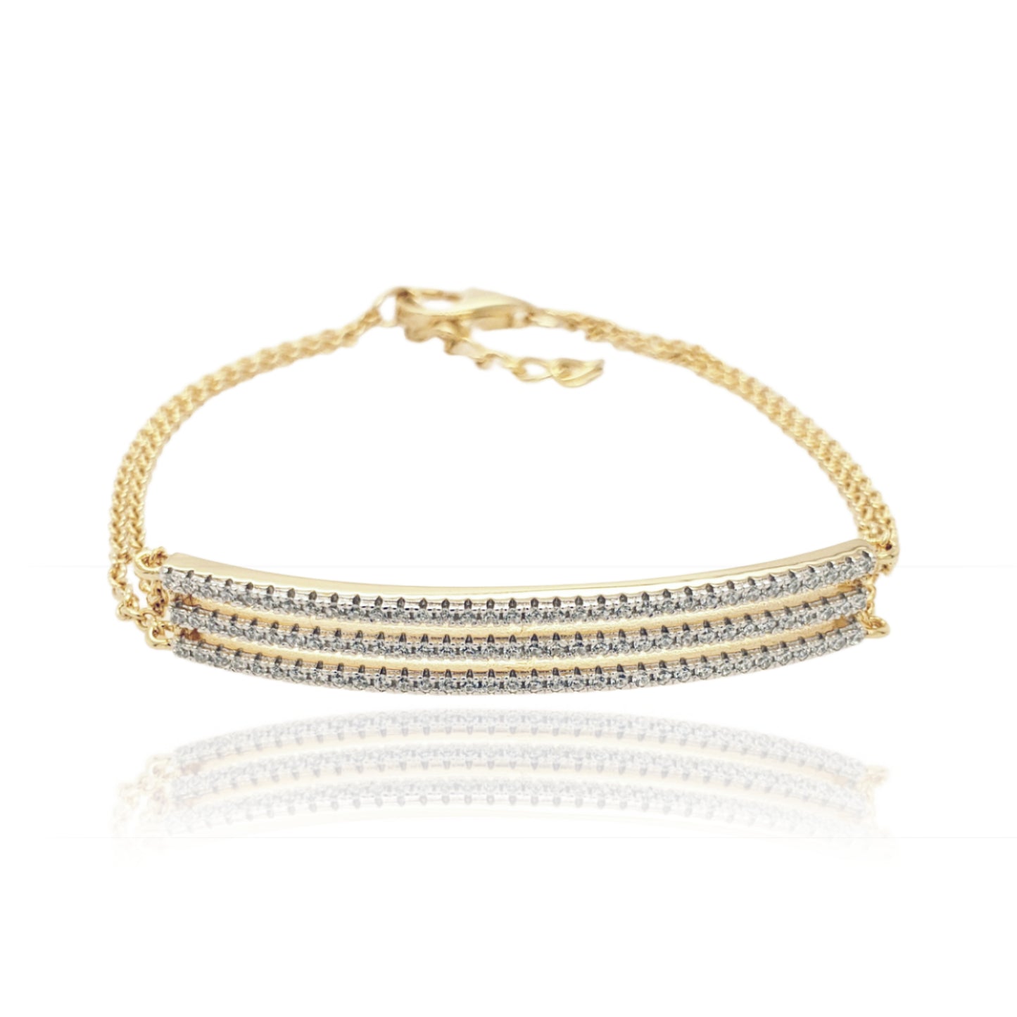 Gold Plated Sterling Silver Triple CZ Bar On A Double Stranded Chain Bracelet - HK Jewels