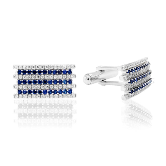 Rectangular Clear and Sapphire CZ Striped Cufflinks - HK Jewels