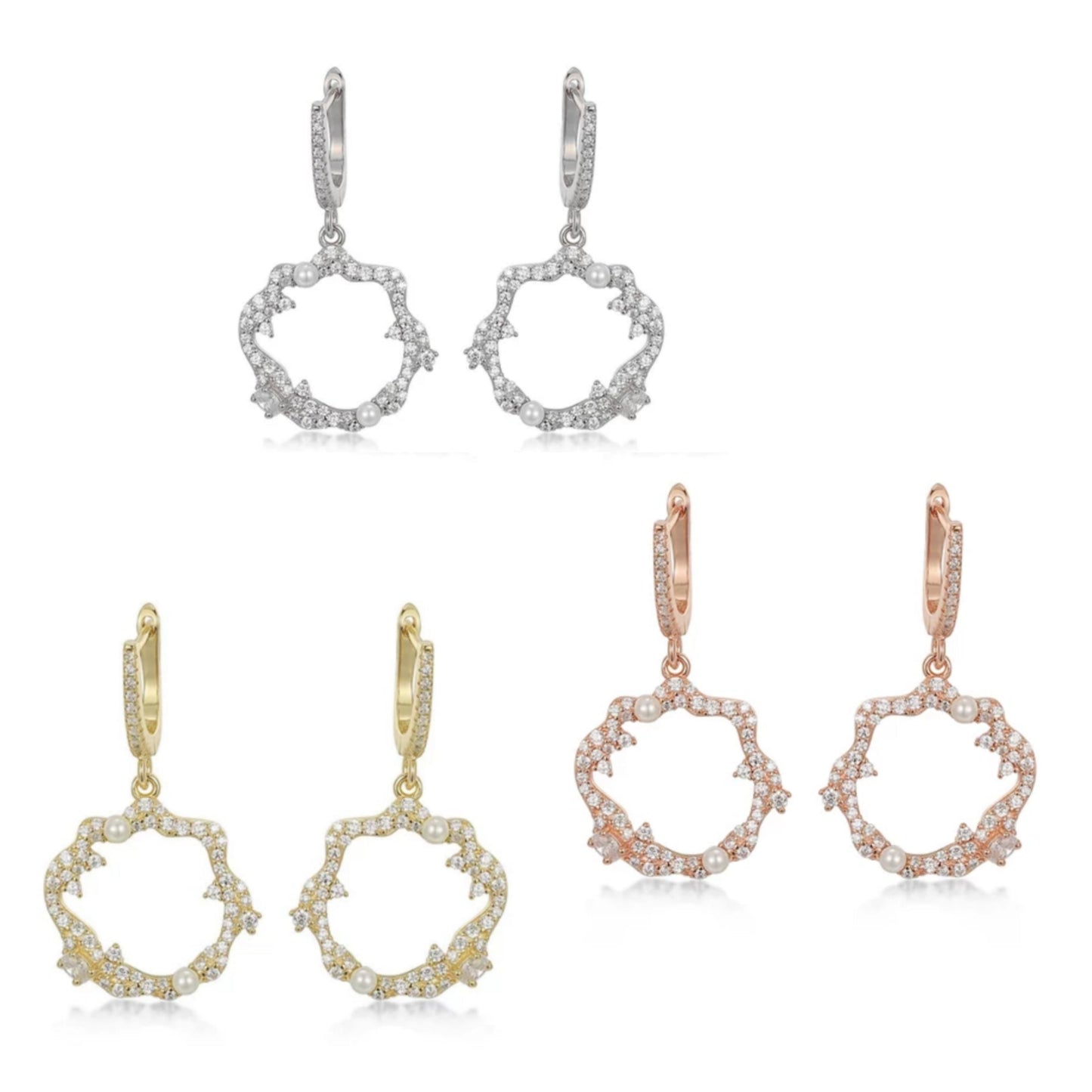 Sterling Silver Sprinkled CZ and Pearl Circle Earrings - HK Jewels
