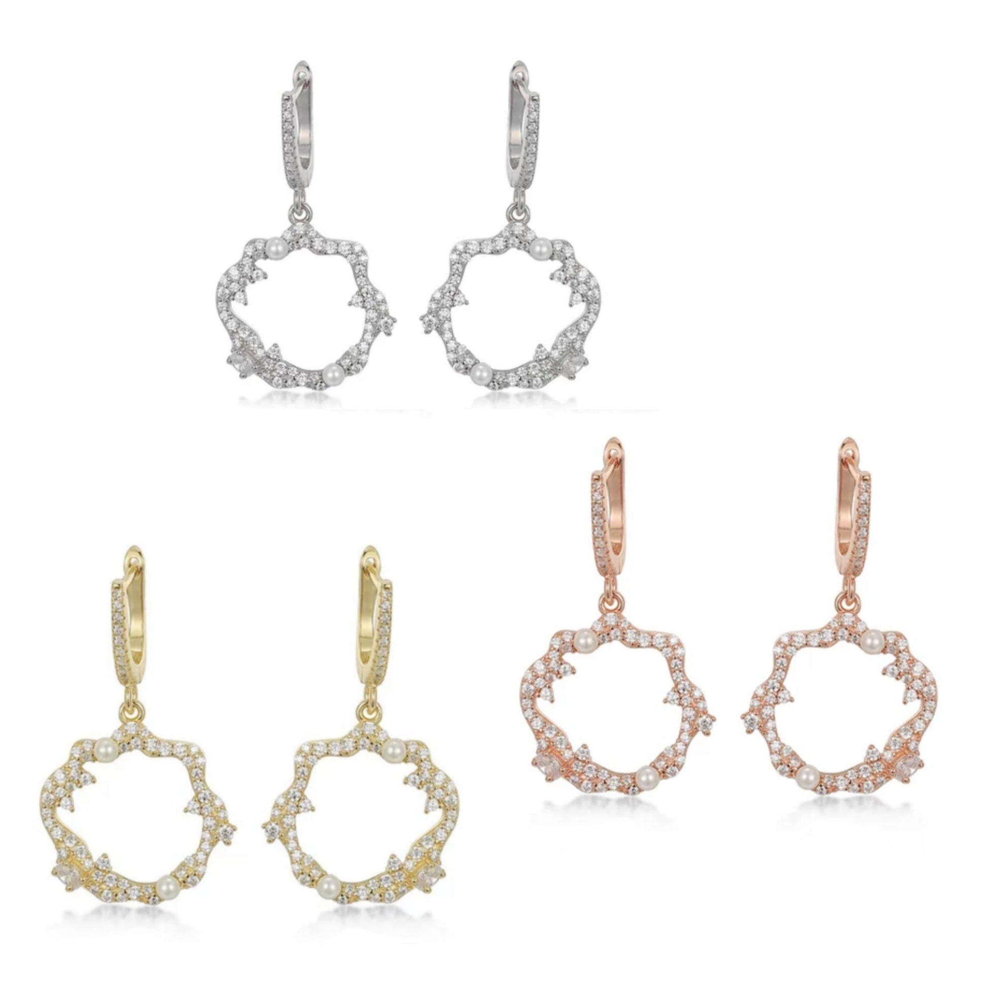 Sterling Silver Sprinkled CZ and Pearl Circle Earrings - HK Jewels