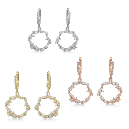 Sterling Silver Sprinkled CZ and Pearl Circle Earrings - HK Jewels