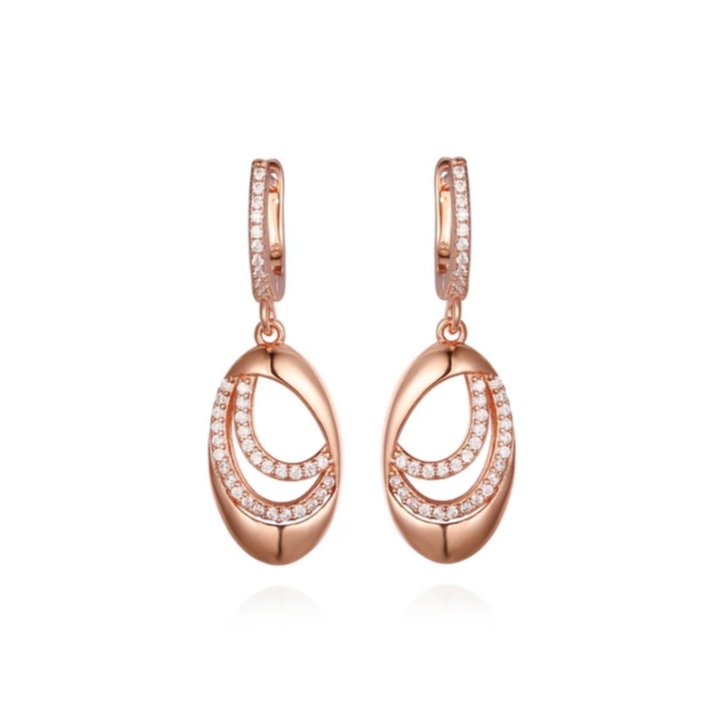 Sterling Silver Oval With Two Curved Lines of CZs Earrings - HK Jewels