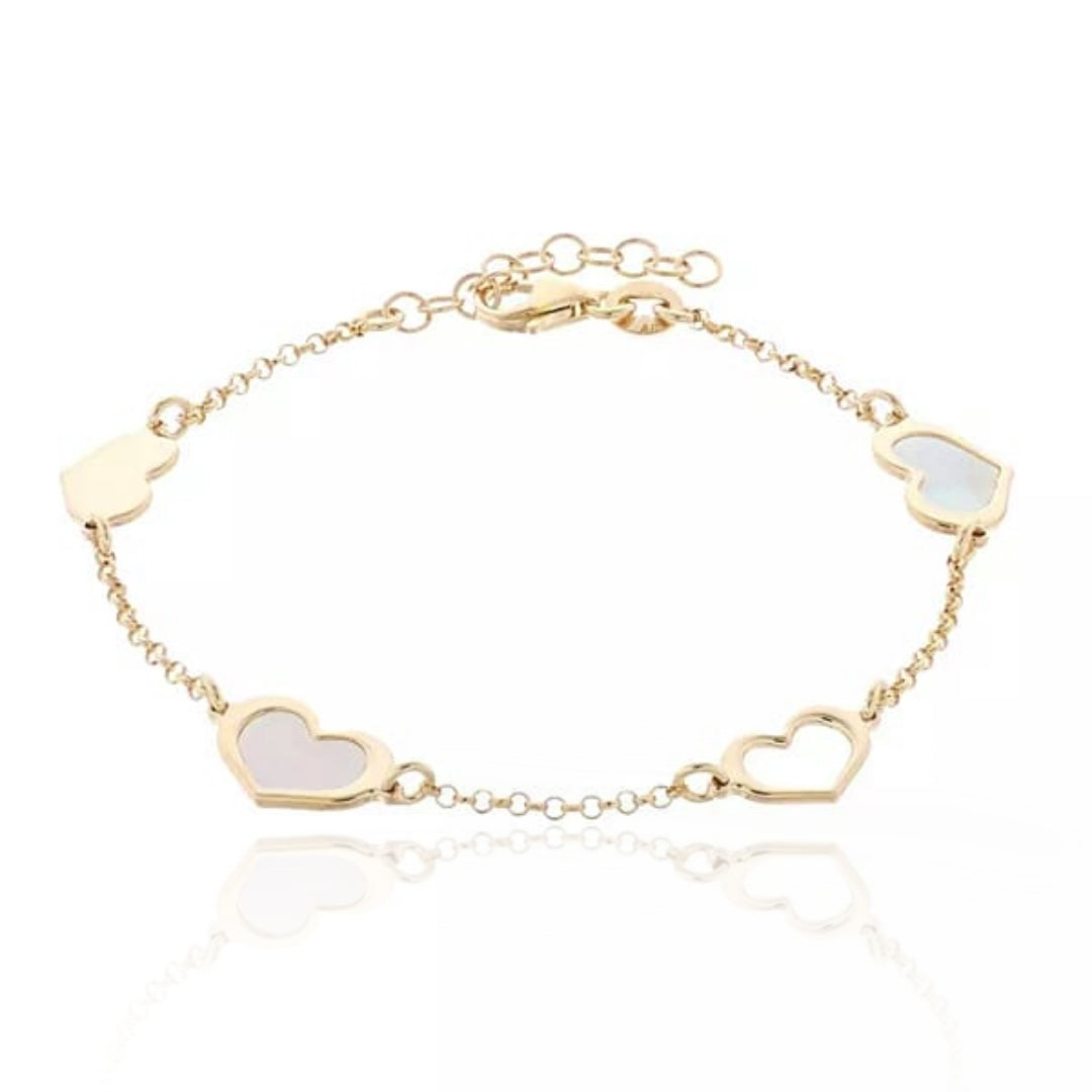 Gold Plated Sterling Silver Mother of Pearl Heart Station Bracelet - HK Jewels
