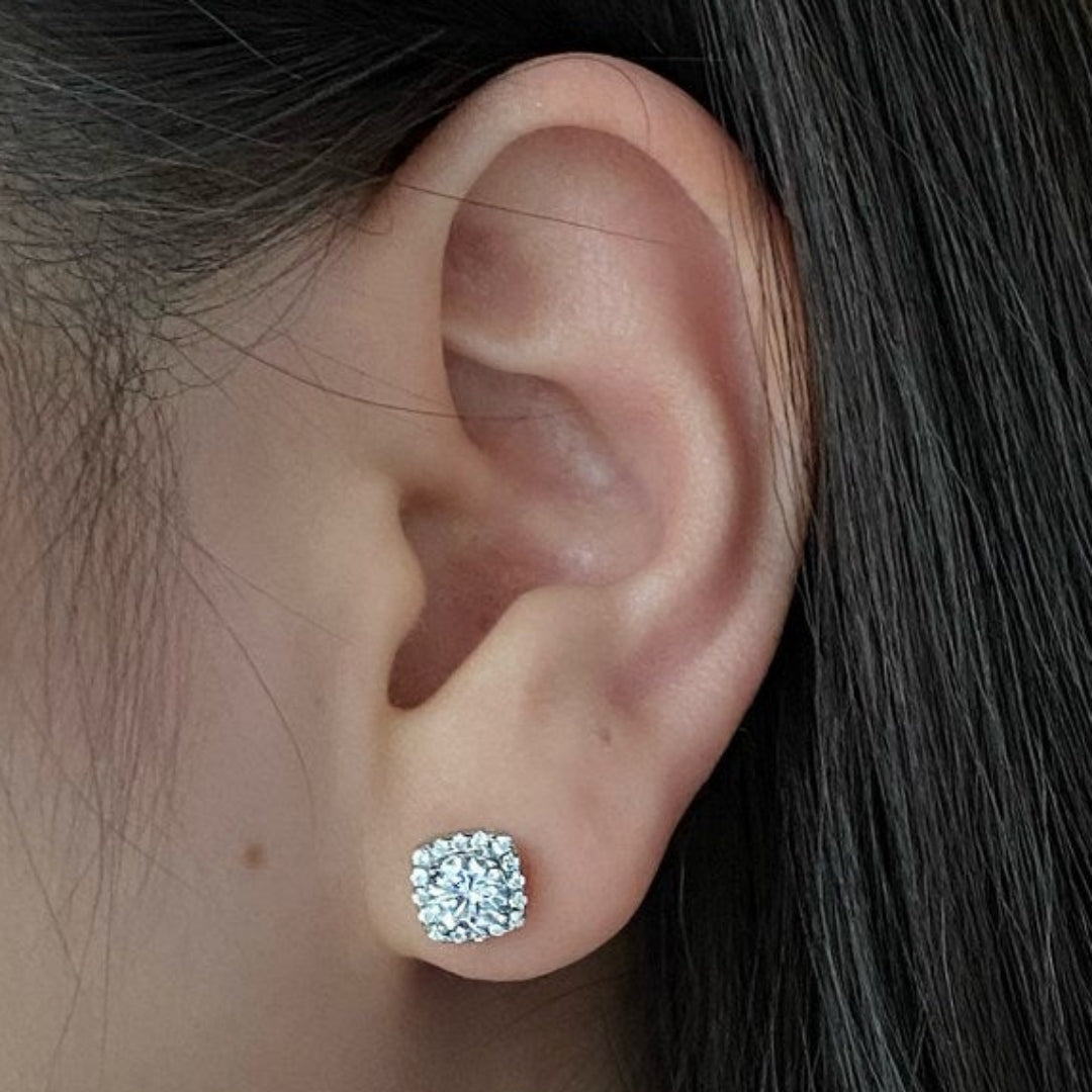 Sterling Silver Cushion Shaped Halo Stud Earrings - HK Jewels