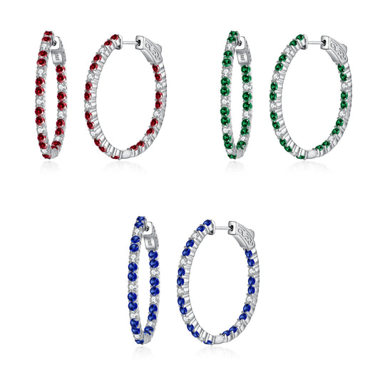 Sterling Silver Oval Emerald, Ruby and Sapphire CZ Hoops - HK Jewels