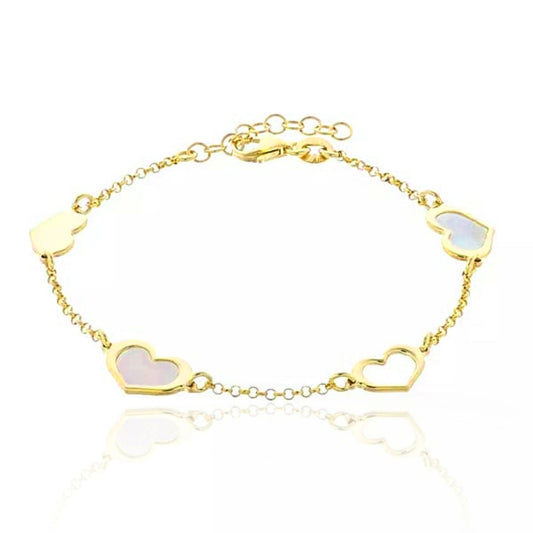 Gold Plated Sterling Silver Mother of Pearl Heart Station Bracelet - HK Jewels