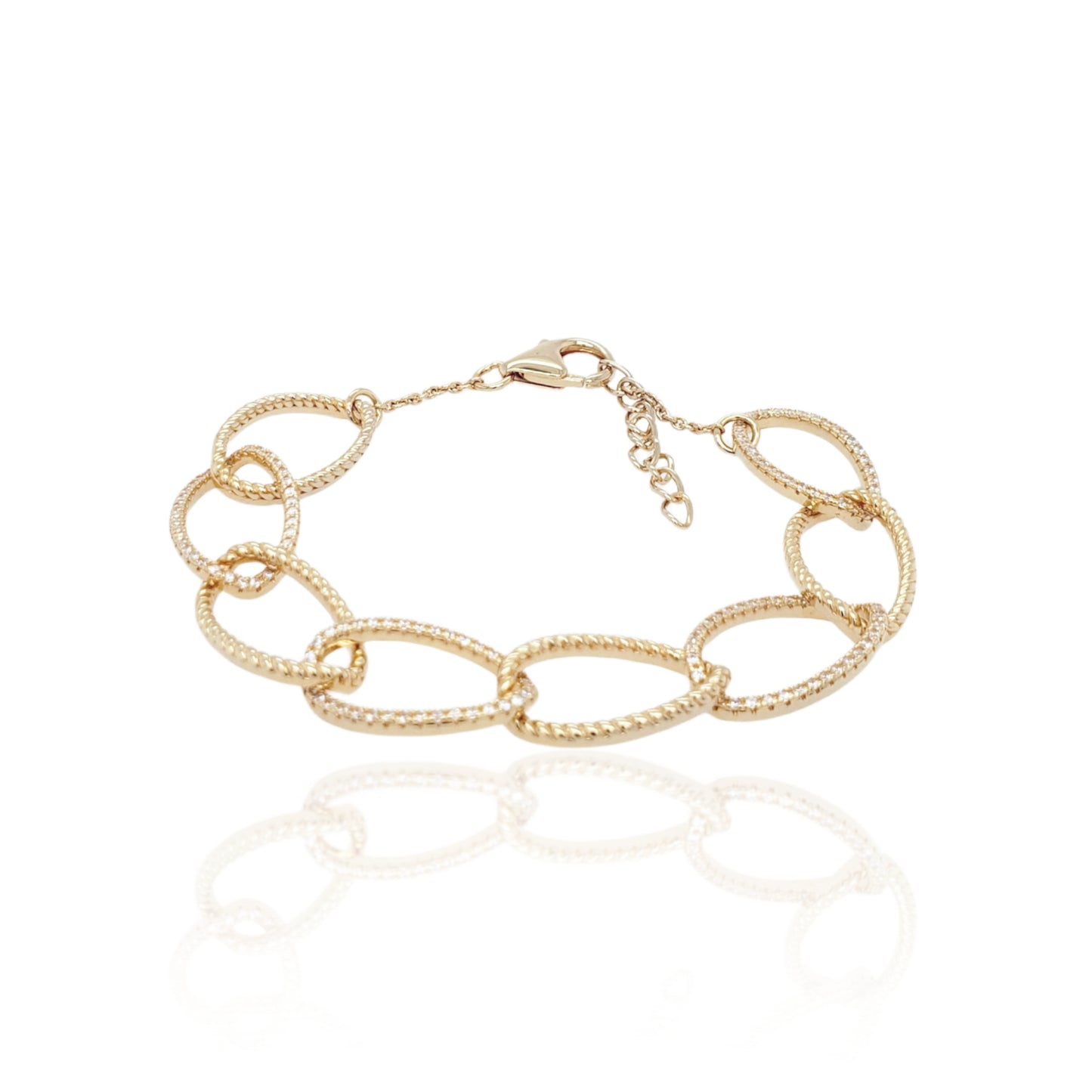 Gold Plated Sterling Silver CZ Wavy Oval Link Bracelet - HK Jewels