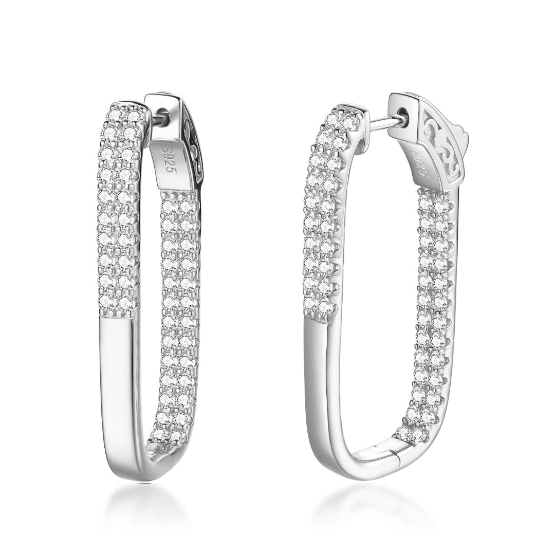 Sterling Silver Double Row CZ Rectangular Hoops - HK Jewels
