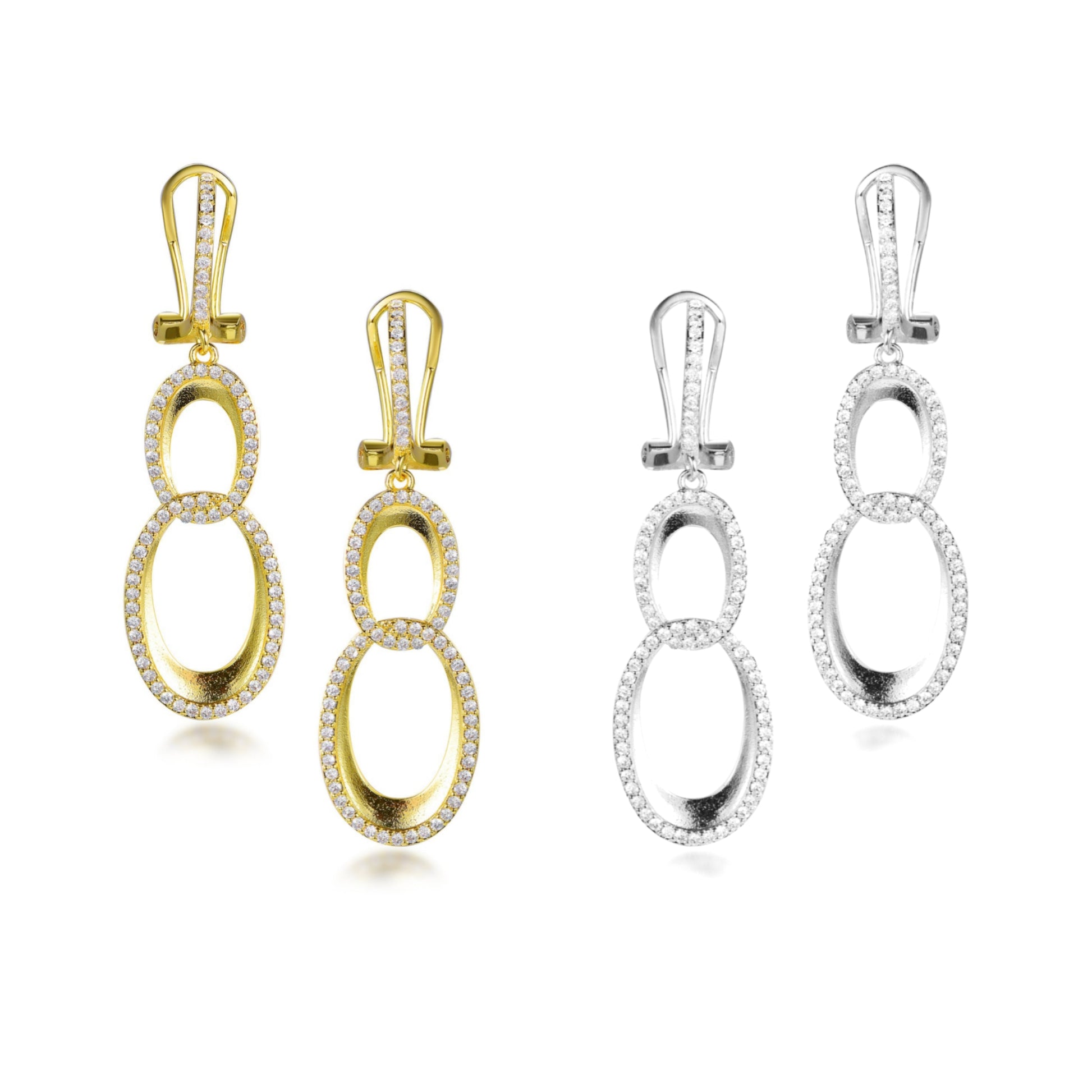 Sterling Silver Double Oval Micropave Link Earrings - HK Jewels
