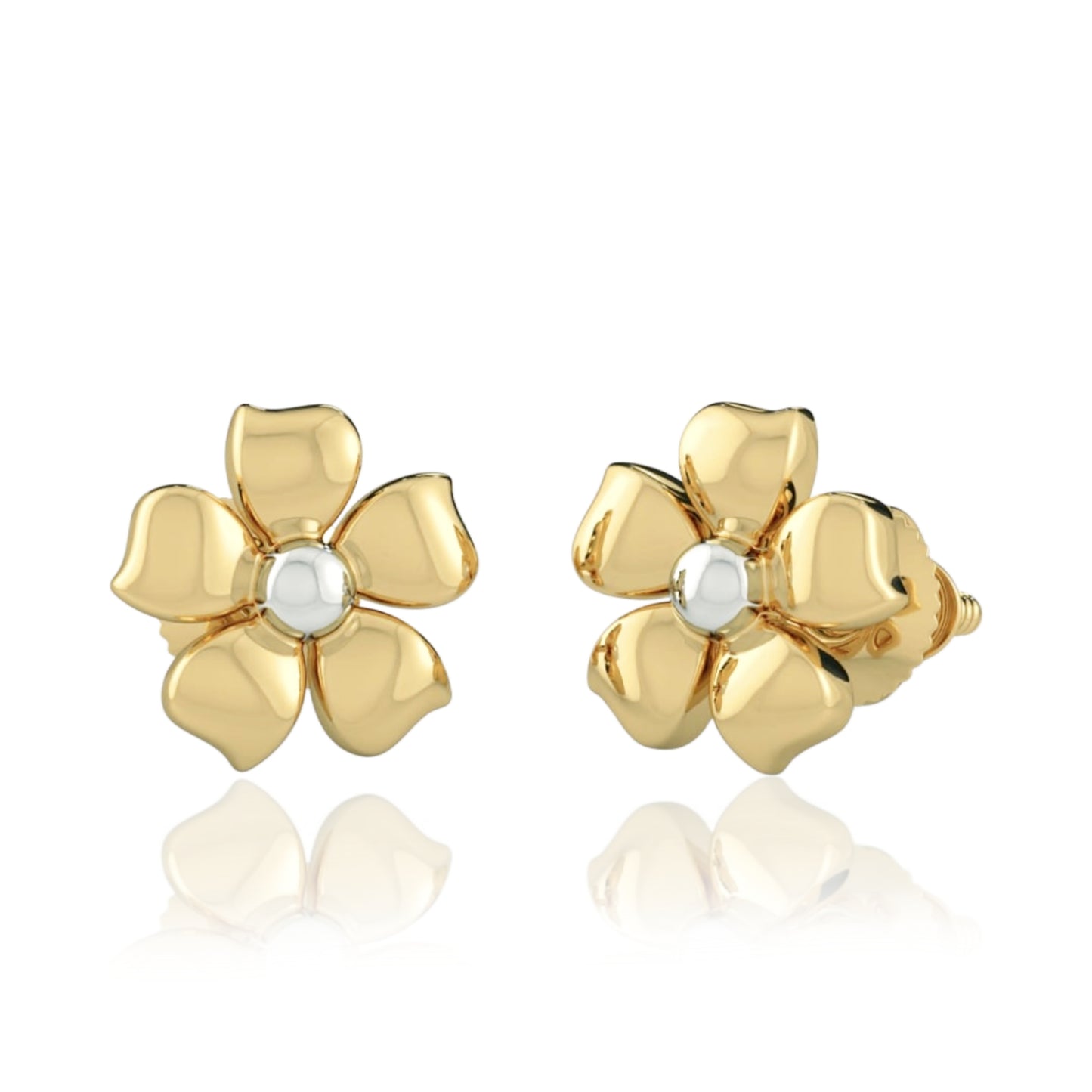 Gold Plated Surgical Steel Flower With Center Rhodium Ball Stud Earrings - HK Jewels