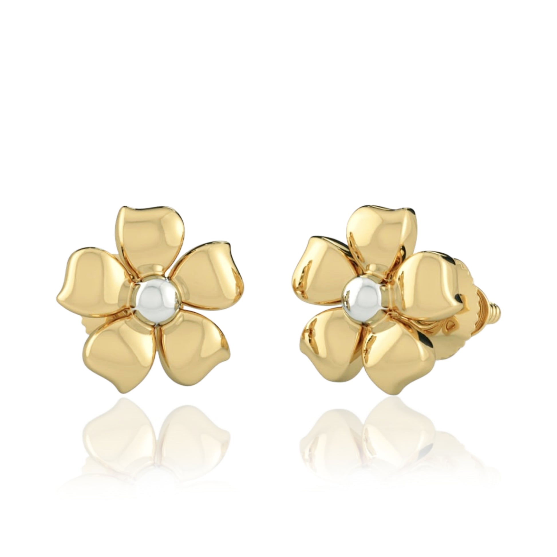 Gold Plated Surgical Steel Flower With Center Rhodium Ball Stud Earrings - HK Jewels