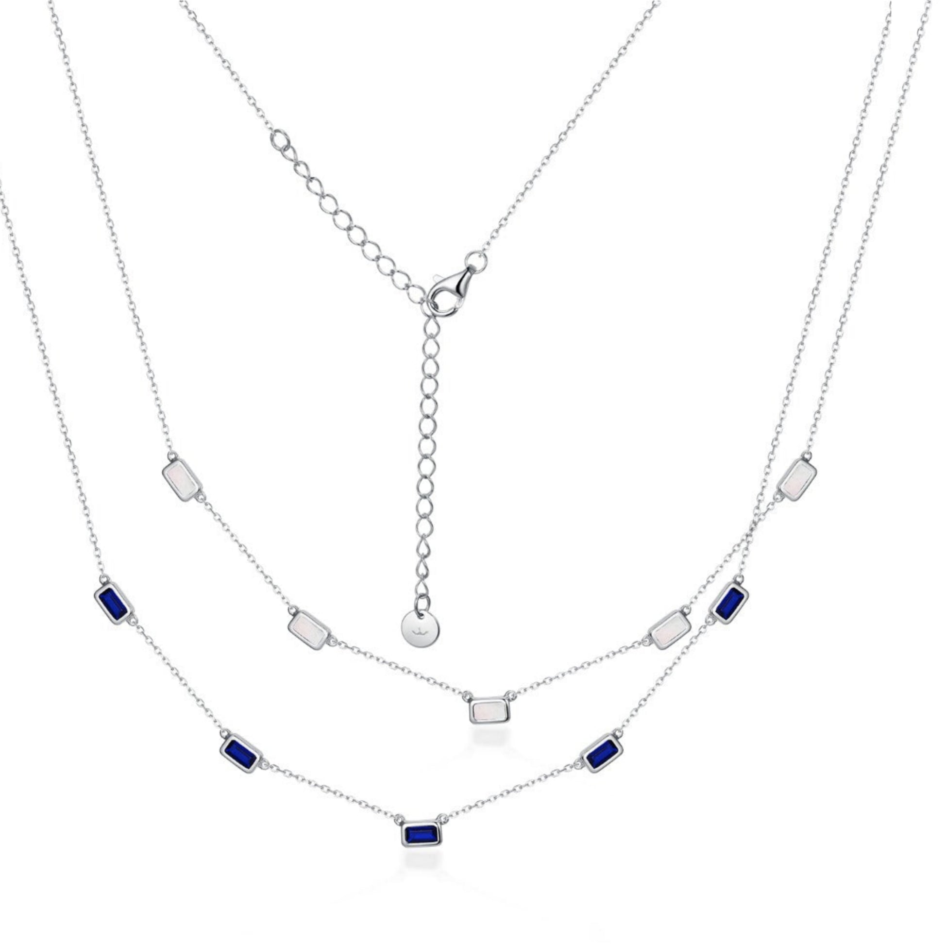 Sterling Silver Rectangular Mother of Pearl/Sapphire CZ Station Necklace - HK Jewels