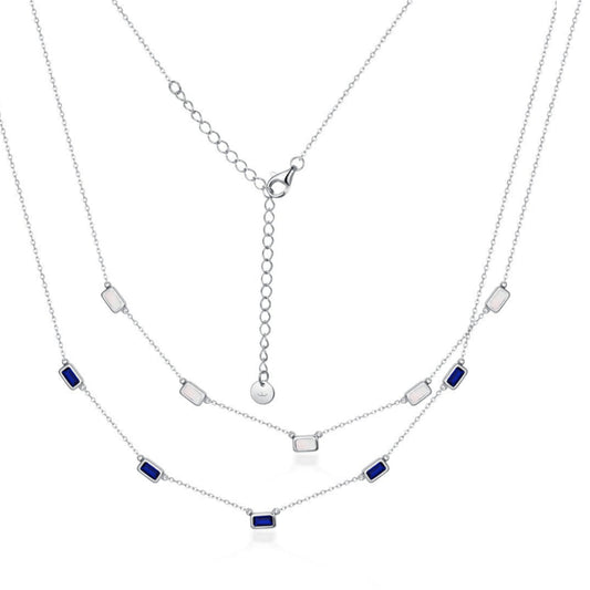 Sterling Silver Rectangular Mother of Pearl/Sapphire CZ Station Necklace - HK Jewels