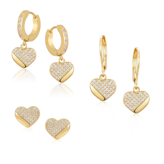 Gold Plated Surgical Steel ¾ CZ Heart Shaped Earrings - HK Jewels