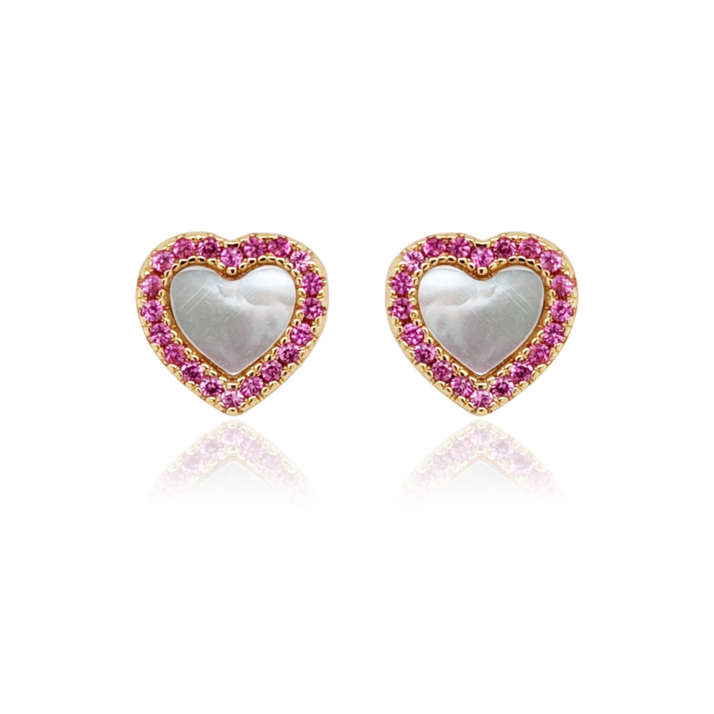 Gold Plated Surgical Steel Mother of Pearl CZ Border Heart Shape Earrings - HK Jewels
