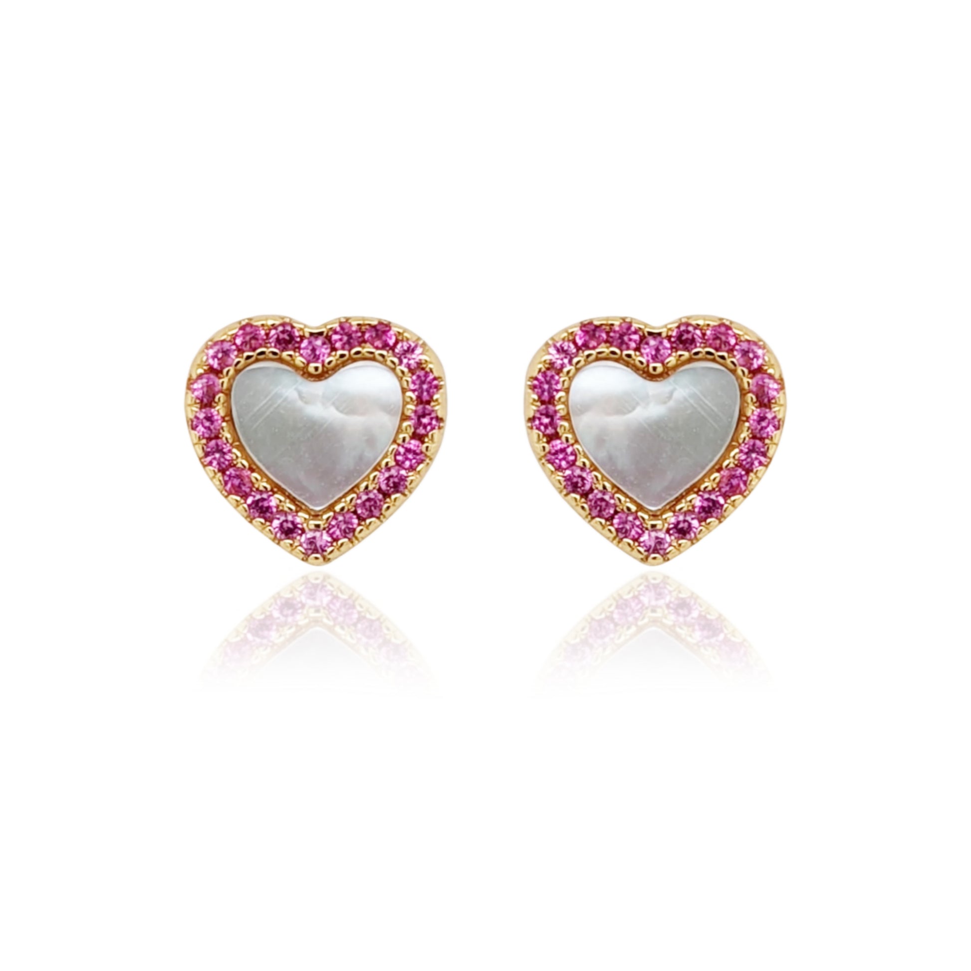Gold Plated Surgical Steel Mother of Pearl CZ Border Heart Shape Earrings - HK Jewels