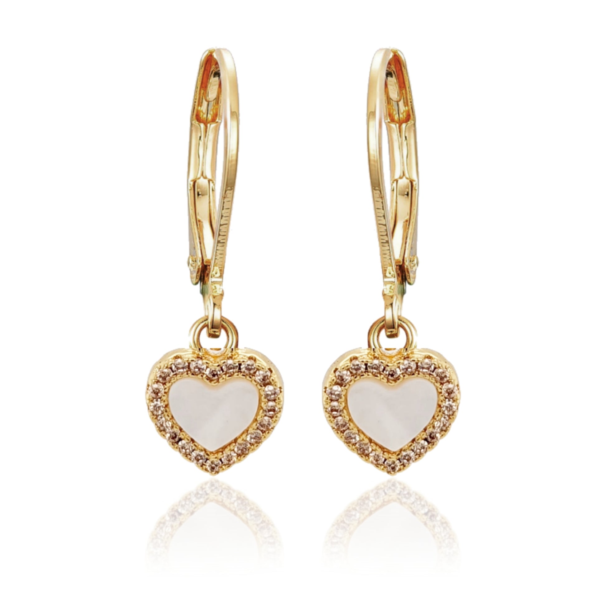 Gold Plated Surgical Steel Mother of Pearl CZ Border Heart Shape Earrings - HK Jewels