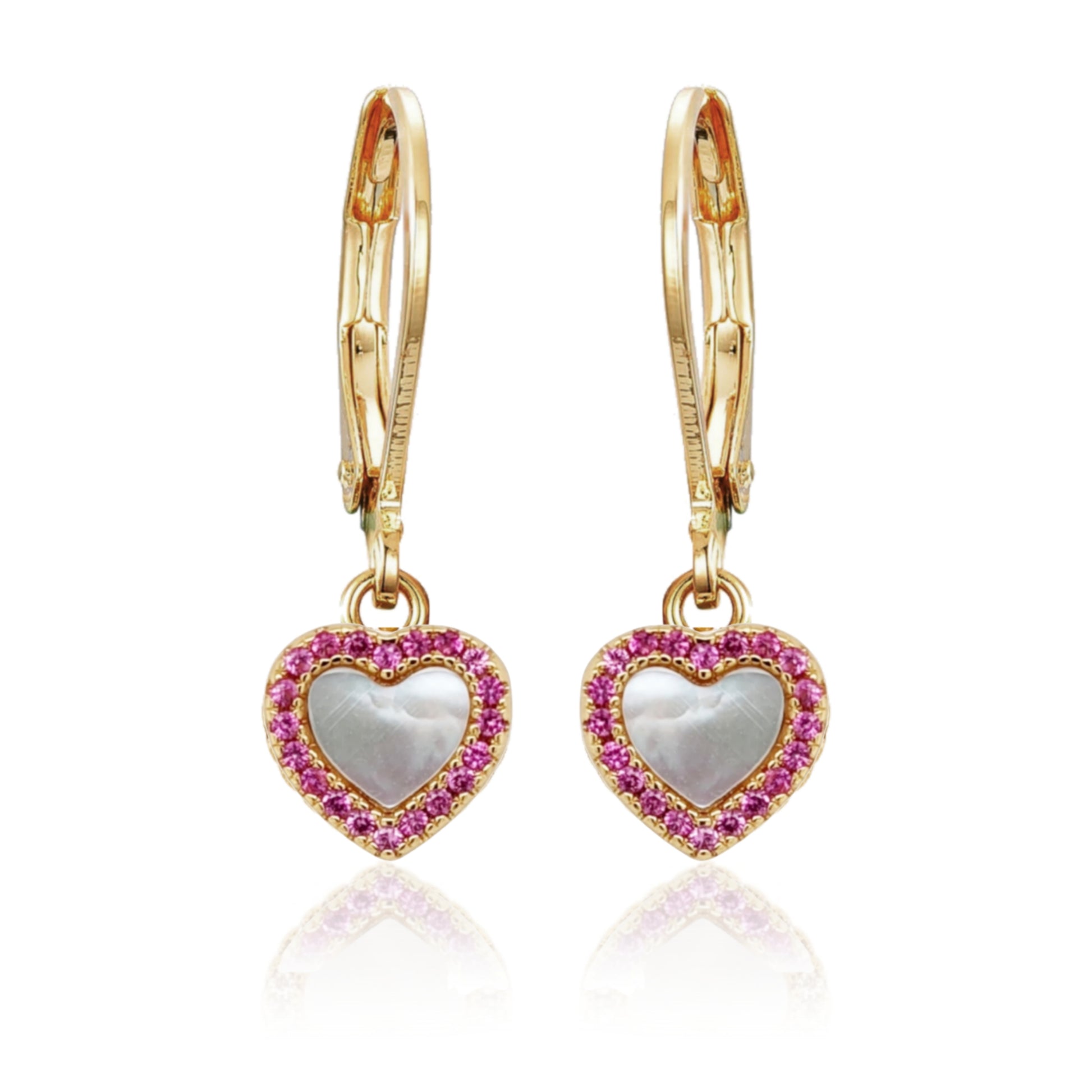 Gold Plated Surgical Steel Mother of Pearl CZ Border Heart Shape Earrings - HK Jewels