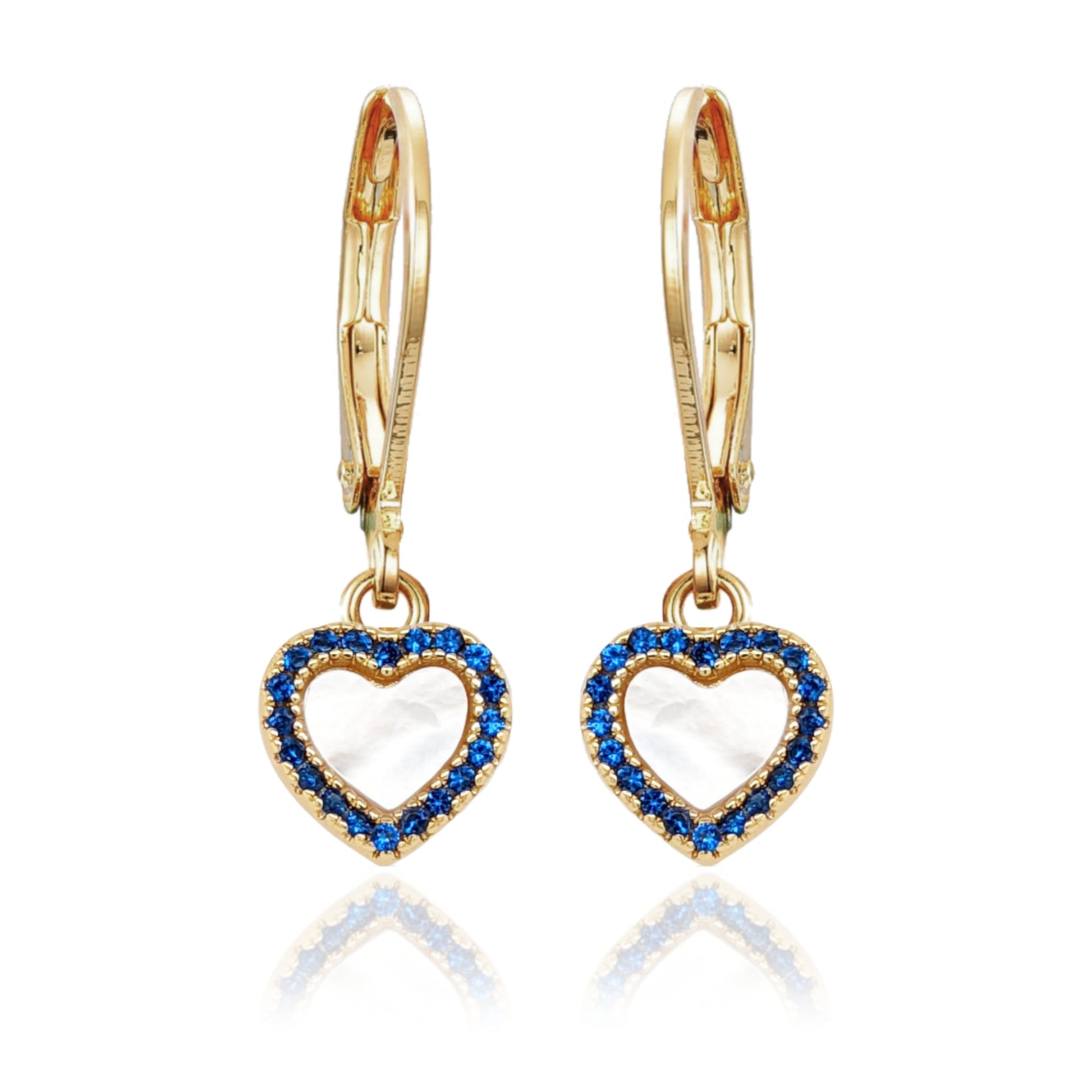 Gold Plated Surgical Steel Mother of Pearl CZ Border Heart Shape Earrings - HK Jewels