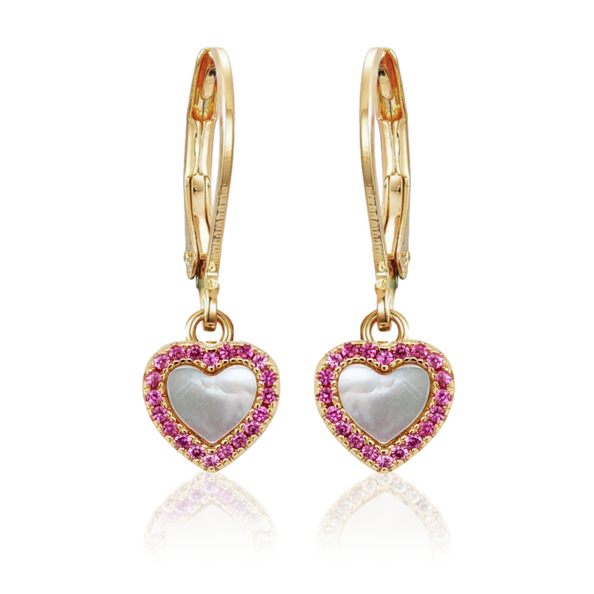 Gold Plated Surgical Steel Mother of Pearl CZ Border Heart Shape Earrings - HK Jewels