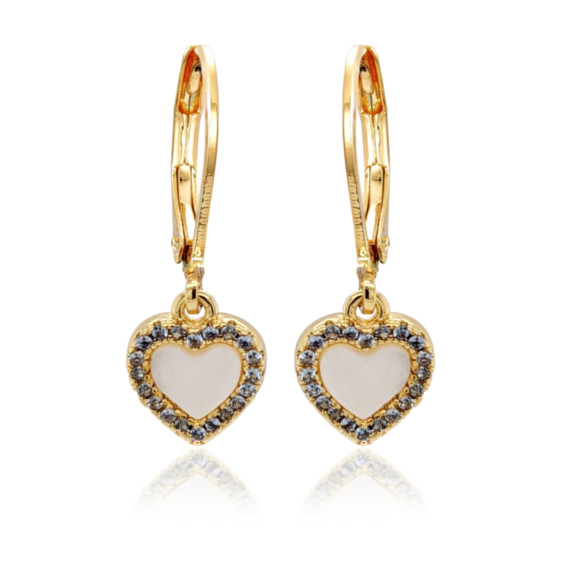 Gold Plated Surgical Steel Mother of Pearl CZ Border Heart Shape Earrings - HK Jewels