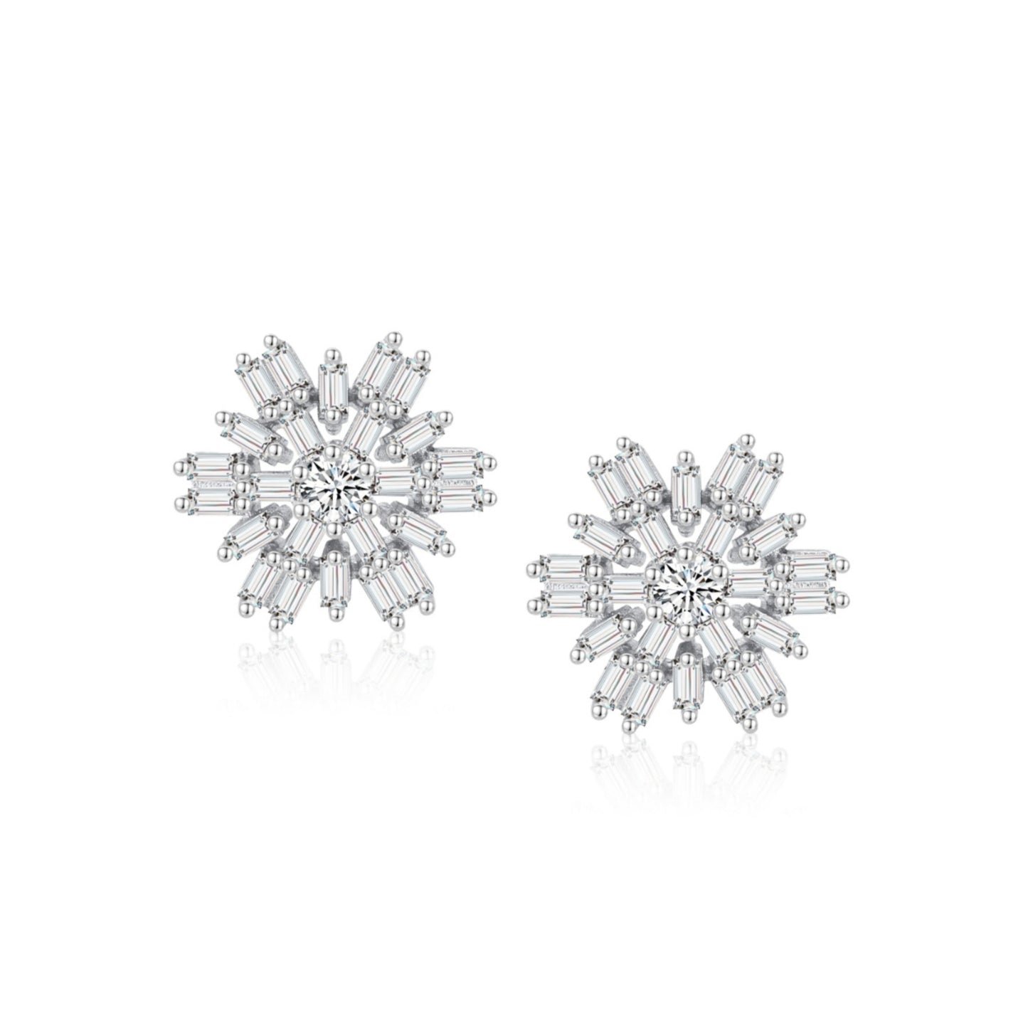 Sterling Silver Baguette Snowflake Stud Earrings - HK Jewels